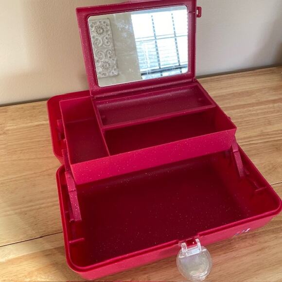 Caboodle Pink Glitter Make-Up Jewelry Art Organizer Box Container 2 Tier Mirror - Picture 2 of 7